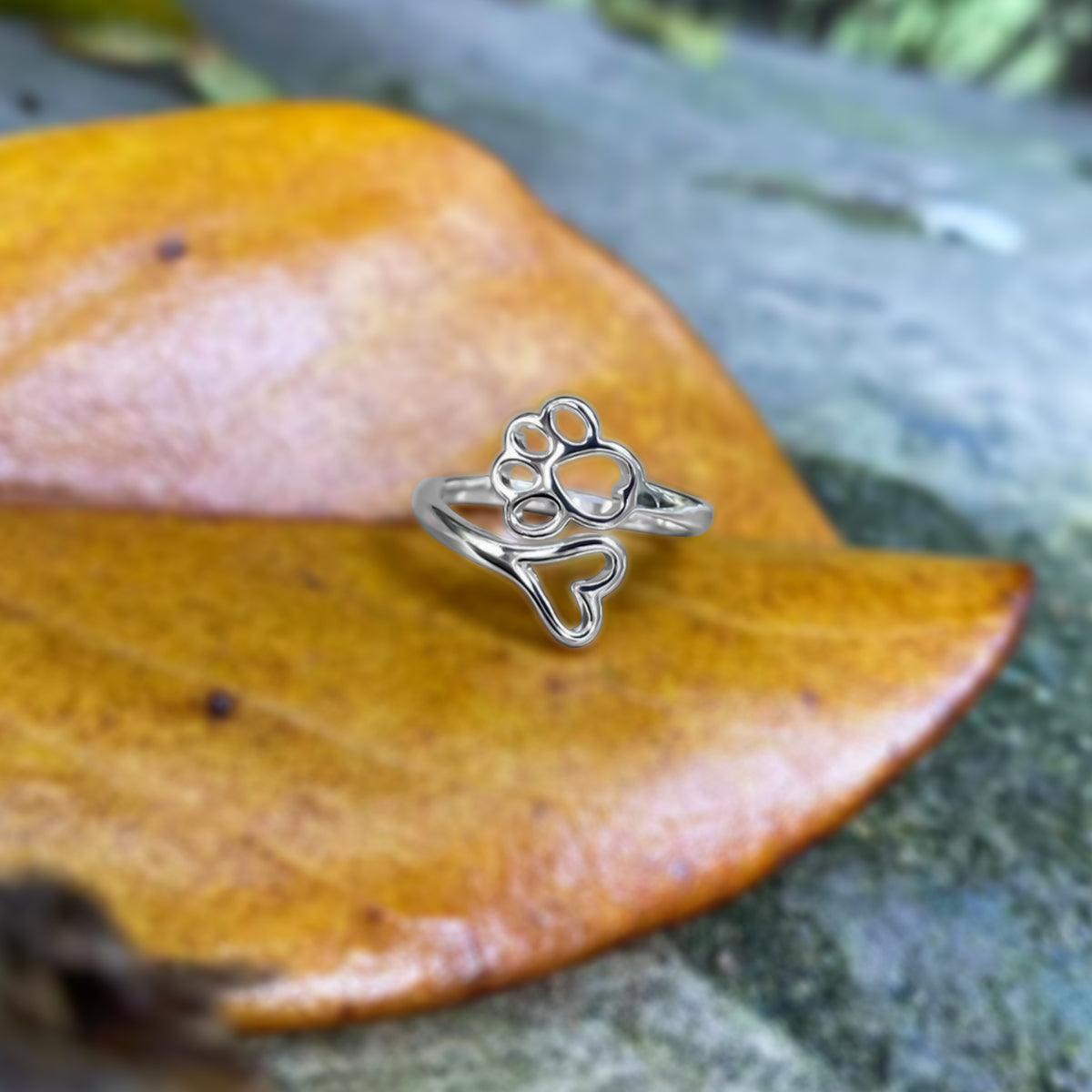 Adjustable Paw & Heart Silver Ring