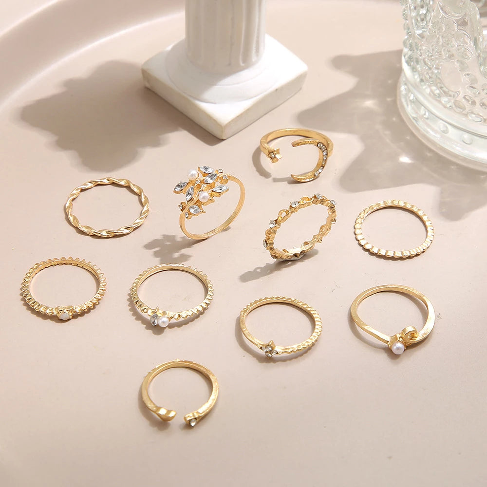 Set of 10 Boho Chic Silver & Gold Rings
