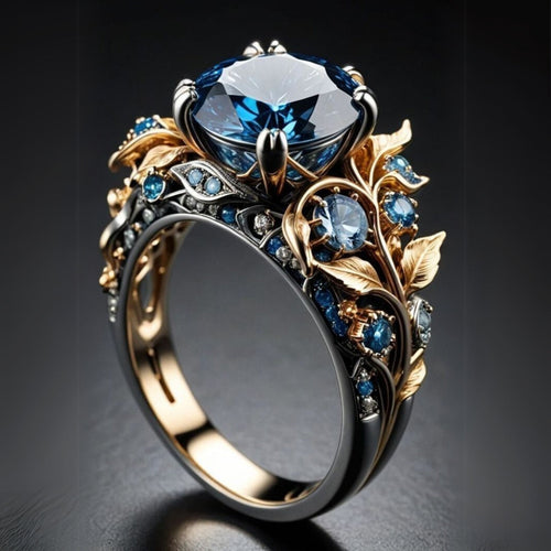 Exotic Blue Crystal Golden Leaf Ring