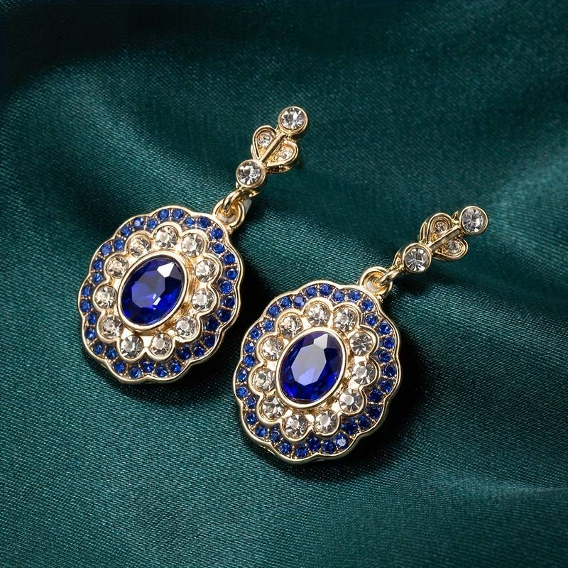 Vintage Gold Blue Crystal Mandala Earrings